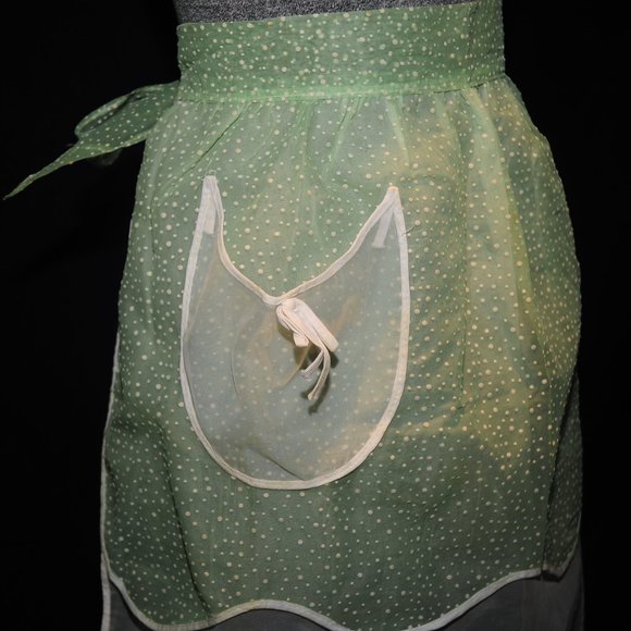 Vintage 50's REVERSIBLE Green Dotted Swiss & Ivory Organza Layered Hostess Apron - Picture 5 of 9